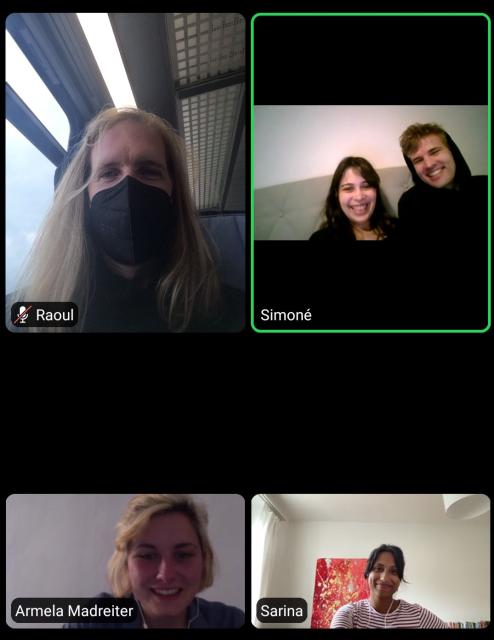 Redaktionssitzung via Zoom: Raoul Eisele, Simoné Goldschmidt-Lechner und Martin Johannsen ,Armela Madreiter, Sarina Tharayil